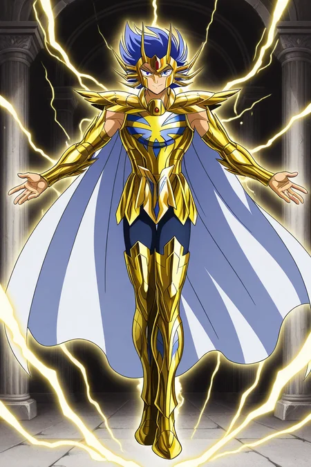 frieezastance, outstretched arms, open hands, legs together, 1boy, solo, highres, ultra-detailed,very aesthetic,best quality ,ikeda shouko, anime coloring, indoors, greek, stone pillars, cancerdeathmask, , blue hair, blue eyes, cancerarmor, gold armor, cape, yellow lightning effect, full body, smirk, straight-on, standing,