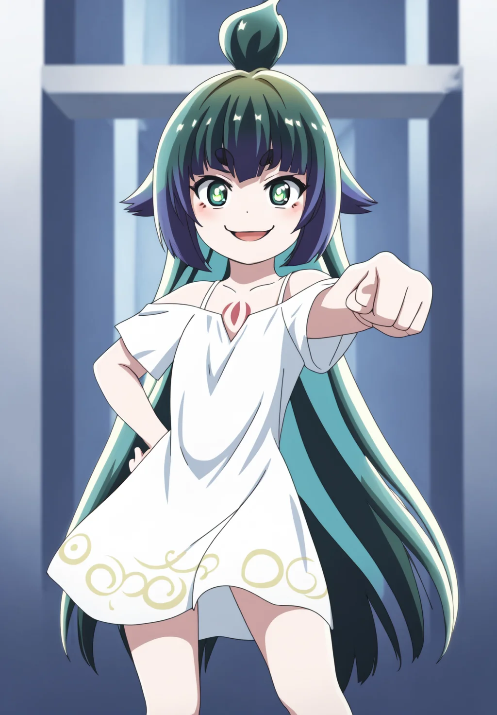 <lora:Mitama:0.8>, Mitama, 1girl, solo, looking at viewer, smile, dress, white dress, hand on hip, pointing, pointing at viewer