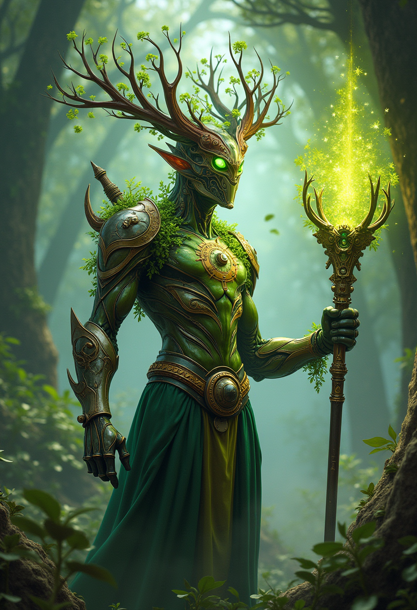 Mythical high fantasy portrait, a mechanized druid with an aura of nature magic and glowing metallic branches, casting beams of verdant energy from a metallic staff, surrounded by floating magical flora and intricate gears, set in an enchanted grove with luminous plants, rendered in a detailed fantasy art style with vivid magical and mechanical effects.
