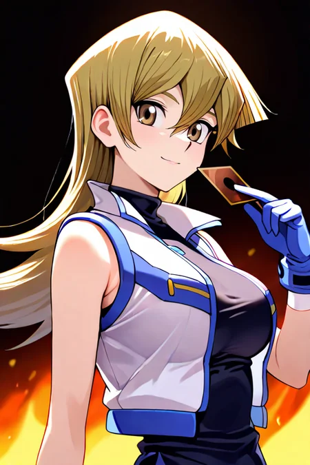 masterpiece, High quality, Ultra detailed, 2d, newest, absurdres, highres, BREAK
1girl, solo, <lora:tenjouin_asuka_ARC-V_Ver:0.8>, tenjouin_asuka_(yu-gi-oh!_arc-v), long hair, blonde hair, brown eyes, 
large breasts, asukavdef, sleeveless jacket, white jacket, open clothes, turtleneck, taut clothes, black shirt, blue gloves, upper body, 
card, holding card, standing, hand up, wind, from behind, looking at viewer, smile,