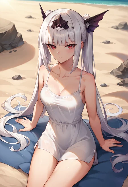 score_9, score_8_up, score_7_up, source_anime, masterpiece, 1girl, ctianexc3lla, medium breasts, white hair, red eyes, white camisole, sitting, sand, outdoors, beach, day, sunny, depth of field, looking at viewer, facing viewer, <lora:Excella_Noa_Aura_pony_ct:0.9>