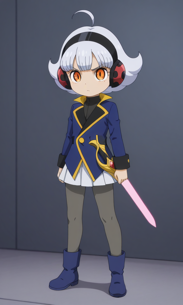 1girl, solo,dinois_v, light grey hair, short hair, ahoge, orange eyes, headphones, blue jacket, white pleated skirt, grey pantyhose, blue boots,short sword, full body ,masterpiece,best quality,amazing quality,very aesthetic,absurdres,newest,