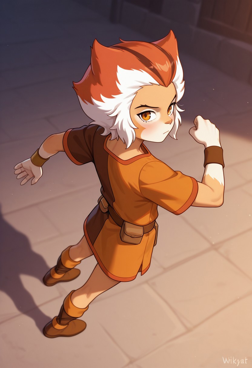 1boy, male focus, cute boy, Wilykat, Two-tone fur, Two-tone hair, orange hair, white hair, black streaks in hair, amber eyes, feline eyes, Two-tone tunic, Orange and brown tunic, wristbands, Belt, Pouches, looking back, from behind, cinematic, intricately detailed illustration, depth of field, masterpiece, best quality, amazing quality, very aesthetic, absurdres, newest, very awa, shadow, dynamic angle, casual cosplay, dynamic pose, action pose,