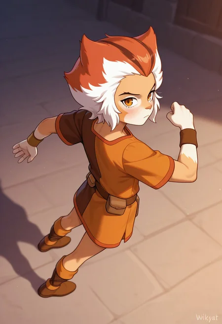 1boy, male focus, cute boy, Wilykat, Two-tone fur, Two-tone hair, orange hair, white hair, black streaks in hair, amber eyes, feline eyes, Two-tone tunic, Orange and brown tunic, wristbands, Belt, Pouches, looking back, from behind, cinematic, intricately detailed illustration, depth of field, masterpiece, best quality, amazing quality, very aesthetic, absurdres, newest, very awa, shadow, dynamic angle, casual cosplay, dynamic pose, action pose,