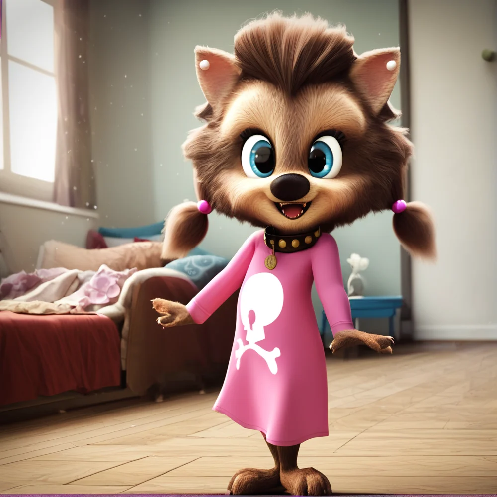 hi res, best quality, female, Score_9, score_8, score_7 BREAK, best anatomy, (solo), small body, young, petite, ultra detailed, short, (source_cartoon), (((show accurate))), (masterpiece), <lora:Winnie_Werewolf:1>, winnie_werewolf_ht, furry, blue eyes, collar, pink dress, ponytails, bows, animal nose, jewelry, furry female, animal ears, twintails, indoors, smile, standing, full body, open mouth