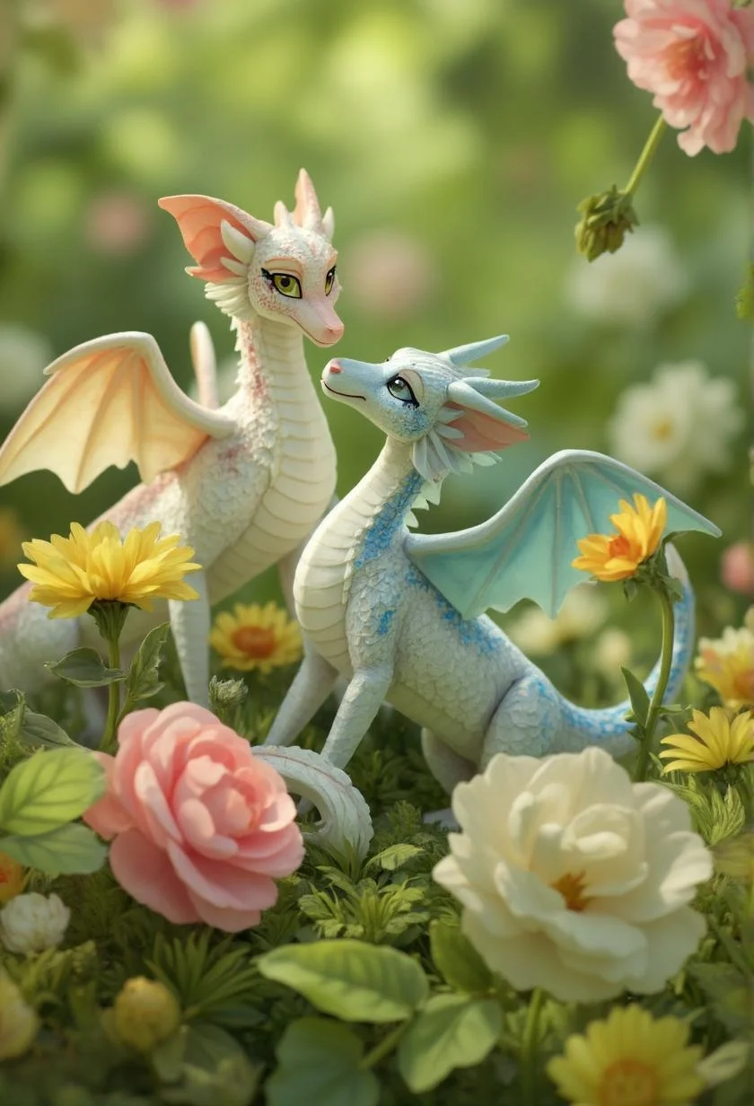 <lora:ck-LttleGhost-000011.safetensors:1> in the style of ck-lttlegh0stSubject:
The dragons are the main subject of this photograph. Each dragon is meticulously crafted to resemble a childlike figurine, with delicate scales, expressive eyes, and slight, wispy wings. The pastel colors used to paint them - white, pink, and blue - add an air of innocence and playfulness to their appearance.
The dragons are arranged amidst realistic, detailed plastic flowers in shades of yellow, pink, and white. These artificial blooms complement the fantastical nature of the dragon figurines, further enhancing the sense of enchantment and wonder evoked by this scene.
Setting:
This photograph takes place within a lush, soft-focus garden backdrop that immerses us in a whimsical world.