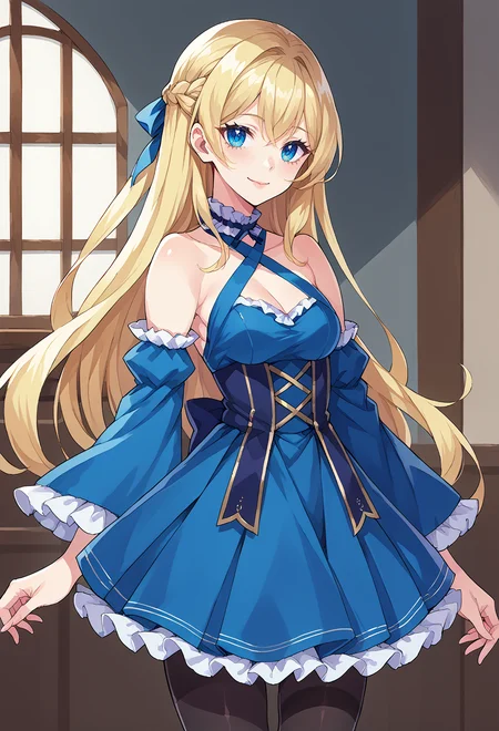 score_9, score_7_up, source_anime, BREAK <lora:f4k3pucc0:1> f4k3pucc0, light smile,, <lora:mxmarina:1> mxmarina, french braid, half updo, Hair ribbon, frilled choker, criss-cross halter, sleeveless dress, high-waist skirt, backless dress, blue dress, waist blue bow, detached sleeves, frilled sleeves, wide sleeves, blue sleeves, black pantyhose, patterned legwear, pinstripe pantyhose, mary janes,