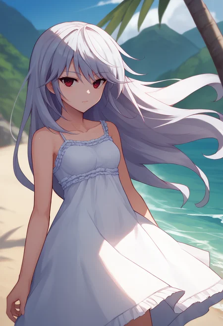 score_9, score_7_up, 1girl, solo, kzk, silver hair, long hair, red eyes, sundress, beach, looking at viewer, <lora:Kazuki FF 5-000008:1>