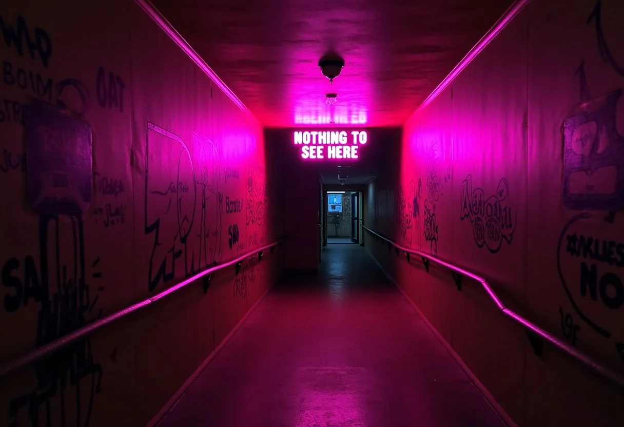 A dimly lit hallway with a vibrant pink neon sign that reads 'NOTHING TO SEE HERE'. The walls are adorned with various graffiti-style writings and designs, The hallway is flanked by two handrails on either side, leading to a door at the end. The floor appears to be made of concrete, and there's a slight reflection of the neon light on it.