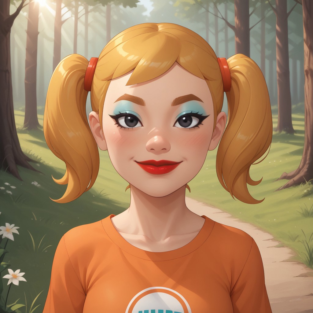 score_9, score_8, BREAK, solo, mii, wii, wii sports, 1girl, female mii, cute, attractive, blonde hair, twintails, dark blonde eyebrows, makeup, blush, blue eyeshadow, red lips, lipstick, orange clothing, white pants, breasts, Nintendo Mii, modern_mii, classic_mii, Midoriya_(OC_Mii), black eyes sexy pose, smile, outdoors, sunlight, shadows, evening lighting, natural lighting, forest, trees, grass, orange sky, sunset