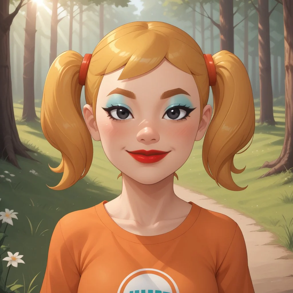 score_9, score_8, BREAK, solo, mii, wii, wii sports, 1girl, female mii, cute, attractive, blonde hair, twintails, dark blonde eyebrows, makeup, blush, blue eyeshadow, red lips, lipstick, orange clothing, white pants, breasts, Nintendo Mii, modern_mii, classic_mii, Midoriya_(OC_Mii), black eyes sexy pose, smile, outdoors, sunlight, shadows, evening lighting, natural lighting, forest, trees, grass, orange sky, sunset