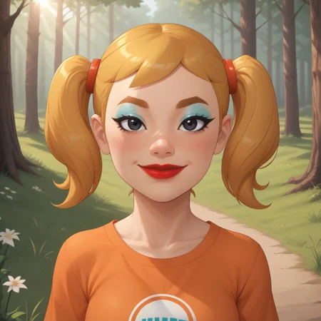 score_9, score_8, BREAK, solo, mii, wii, wii sports, 1girl, female mii, cute, attractive, blonde hair, twintails, dark blonde eyebrows, makeup, blush, blue eyeshadow, red lips, lipstick, orange clothing, white pants, breasts, Nintendo Mii, modern_mii, classic_mii, Midoriya_(OC_Mii), black eyes sexy pose, smile, outdoors, sunlight, shadows, evening lighting, natural lighting, forest, trees, grass, orange sky, sunset