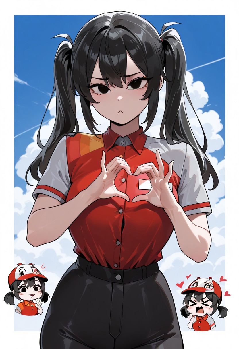solo, woman, black hair, black eyes, twin tails, jollibee_uniform, red collared shirt, shirt buttons, name tag, black pants, ><, heart hand sign, clouds, high quality, best quality, masterpiece, 4k resolution, anime