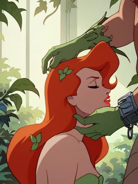 score_9, score_8_up, score_7_up, volumetric lighting, poison ivy, 1girl, long hair, 1boy, closed eyes, red hair, orange hair, makeup, lipstick, <lora:batman_pony_v1:0.9>