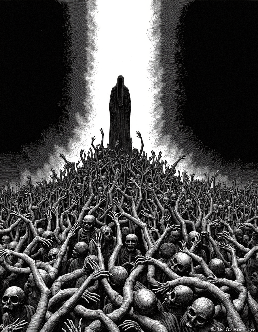 dorestyle This illustration, reminiscent of Gustave Doré's style, depicts a dramatic and eerie scene where a robed figure stands illuminated above a chaotic mass of skeletons rising from the ground. The composition draws the viewer's eye upward through the dynamic poses of the skeletons, who seem to reach toward the central figure, emphasizing a theme of resurrection or awakening. The use of chiaroscuro, with stark contrasts between light and shadow, enhances the sense of depth and movement, creating a hauntingly evocative atmosphere that combines the macabre with the sublime.<lora:gustavedore:1>
