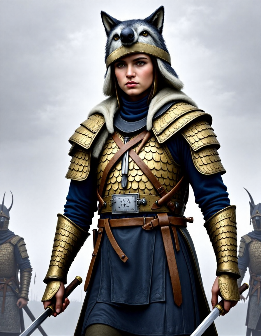 realistic photo of Dacian a woman in a scaled armour holding a falx sword a falx and a wolf fur above tarabostes helmet. <lora:DaciiV6:1>
