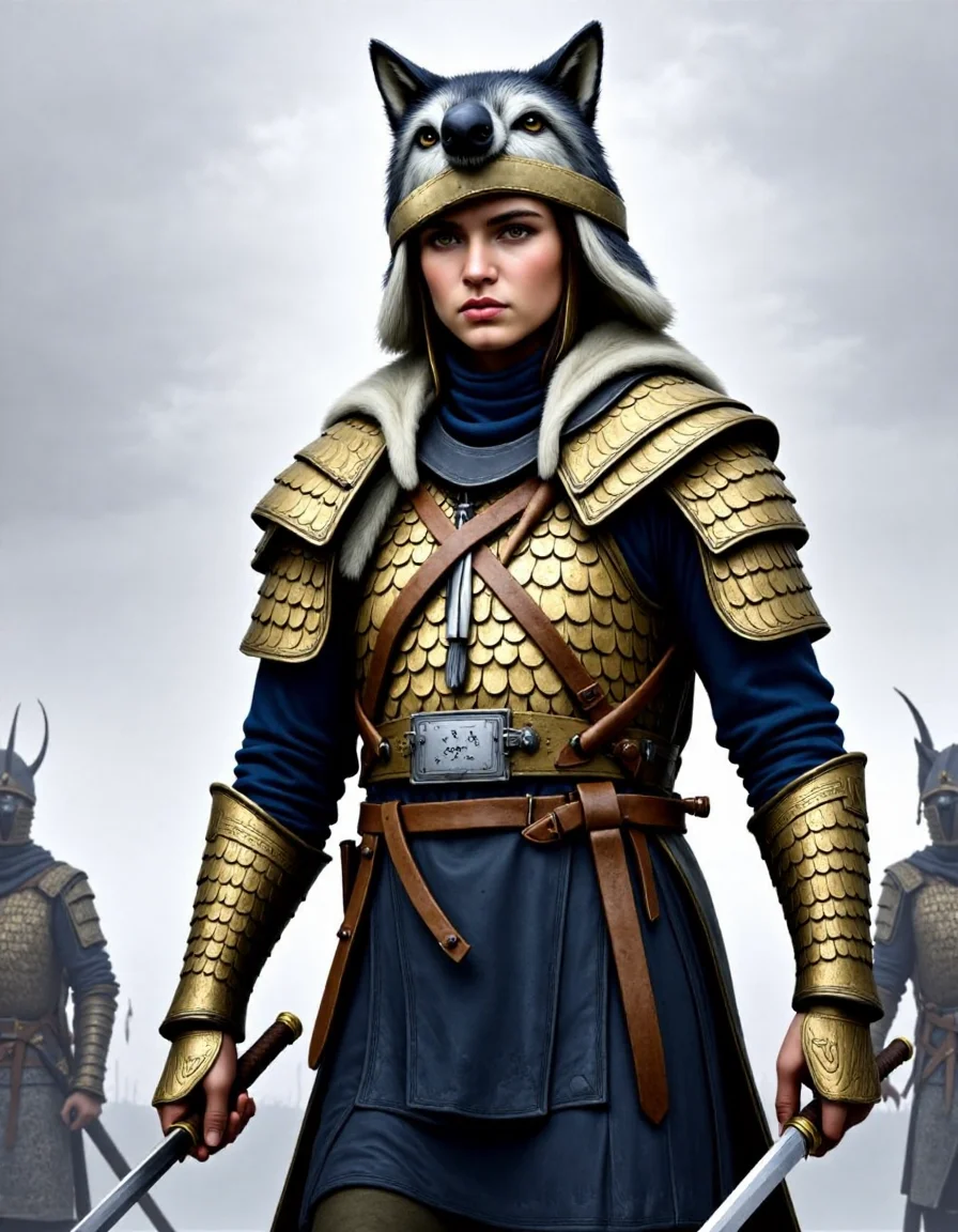 realistic photo of Dacian a woman in a scaled armour holding a falx sword a falx and a wolf fur above tarabostes helmet. <lora:DaciiV6:1>