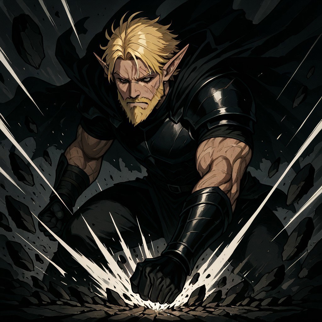 masterpiece, best quality, newest, absurdres, highres, ESPV1.0, punching, clenched hand, attack, rocks, 1boy, manly, elf, beard, muscular male, blonde, blonde hair, pointy ears, scar, scar on face, armor, cape, chestplate, chest armor, dynamic pose, mid-air, 