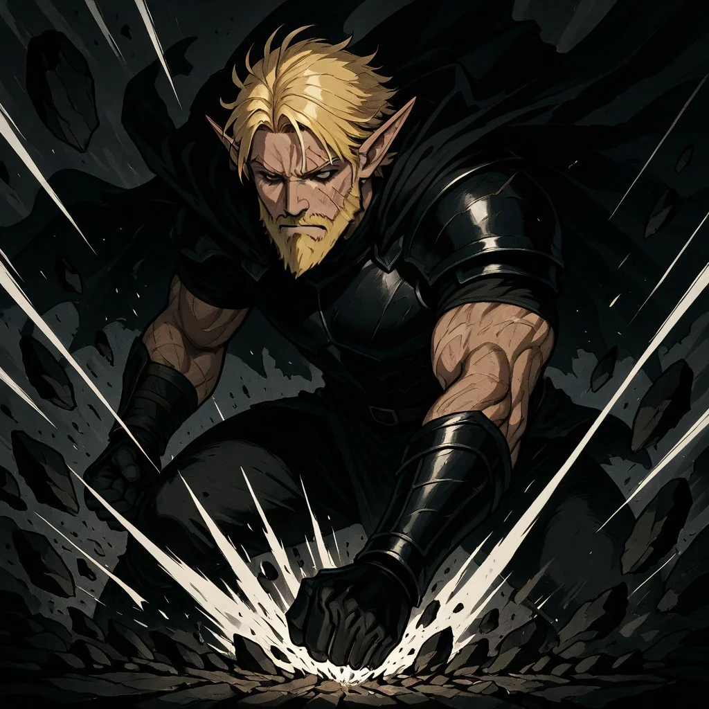 masterpiece, best quality, newest, absurdres, highres, ESPV1.0, punching, clenched hand, attack, rocks, 1boy, manly, elf, beard, muscular male, blonde, blonde hair, pointy ears, scar, scar on face, armor, cape, chestplate, chest armor, dynamic pose, mid-air,