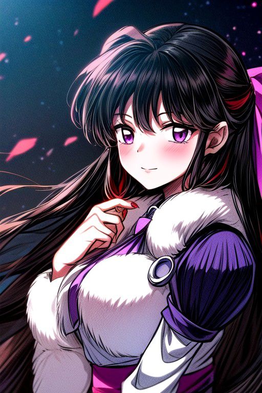 masterpiece,  best quality 1girl Setsun4 solo long hair,  (night time) forest background black hair very long hair purple eyes multicolored hair armor (fur trim) (medium body),<lora:EMS-179-EMS:0.800000>,<lora:EMS-293862-EMS:0.800000> bow, hair_bow, hair_tubes, red_bow, brown_hair, long_hair, bangs, sidelocks, ascot, brown_eyes, frilled_bow, yellow_ascot, blush, smile, hair_between_eyes
