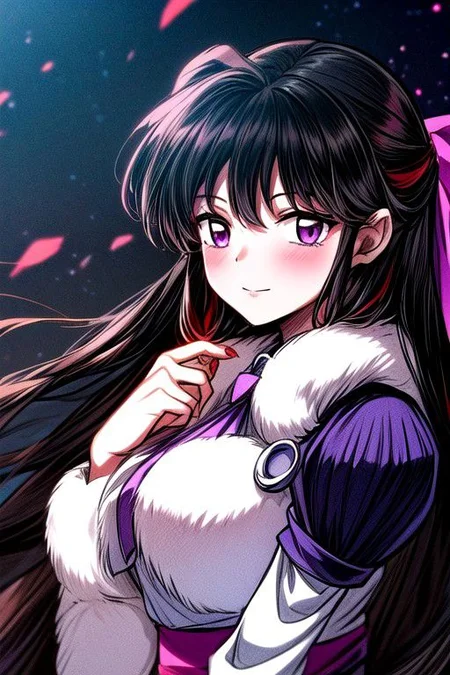 masterpiece, best quality 1girl Setsun4 solo long hair, (night time) forest background black hair very long hair purple eyes multicolored hair armor (fur trim) (medium body),<lora:EMS-179-EMS:0.800000>,<lora:EMS-293862-EMS:0.800000> bow, hair_bow, hair_tubes, red_bow, brown_hair, long_hair, bangs, sidelocks, ascot, brown_eyes, frilled_bow, yellow_ascot, blush, smile, hair_between_eyes