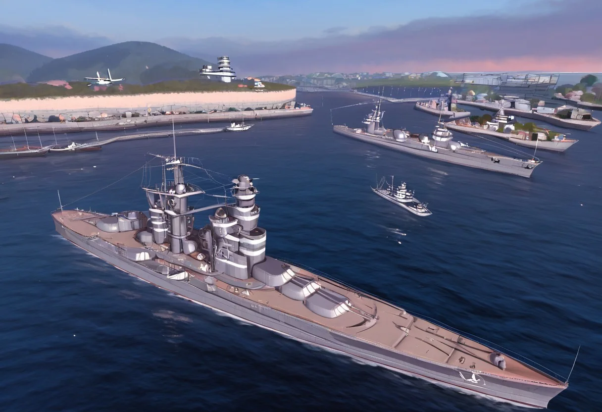 Best quality,ultra Hd, war zone ambience,atlantic sea,under heavy enemy concentrate fire, sailing,large battle ship with 4 main turret gun, evening sky ,ww2, fully armed ship with modern Cannon,style ship, battle ship class, anchor,smoke trail, evening sky, Scout plane, from above