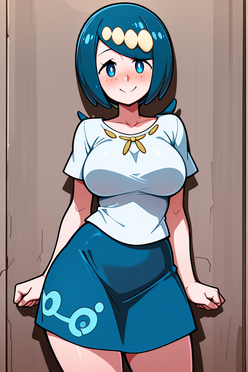 masterpiece, best quality, medium breasts,  BREAK, zzLanasMother, lana's mother (pokemon)  blue hair, blue eyes, long hair, freckles, large breasts, hair ornament, white shirt, blue skirt, <lora:LanasMotherPokemonIXL_v2:1.0>, smile, looking at viewer, cowboy shot,   <lora:LandidzuStyleIXL:1.0>,
