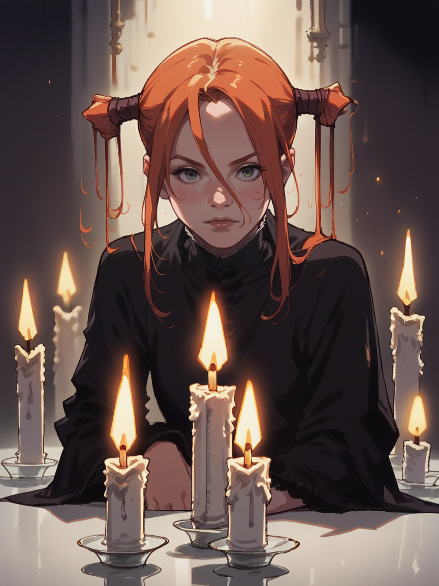 score_9, score_8_up, score_7_up, score_6_up, <lora:whr0b1nXLP:1> whr0b1n, 1girl, ginger hair, candles,