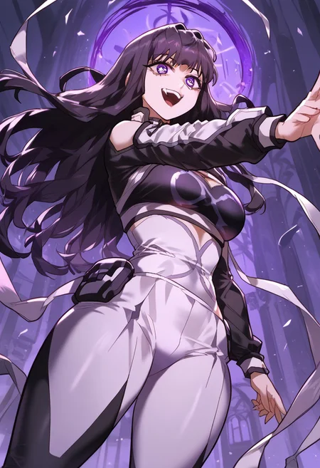 zPDXL3, score_9_up, score_8_up, score_7_up, (Anime_source), 1girl, Sinka, purple eyes, black hair, long hair, Sinka clothes, glowing, from below, flying, looking at viewer, particles, dark theme, smile, open mouth, cowboy shot