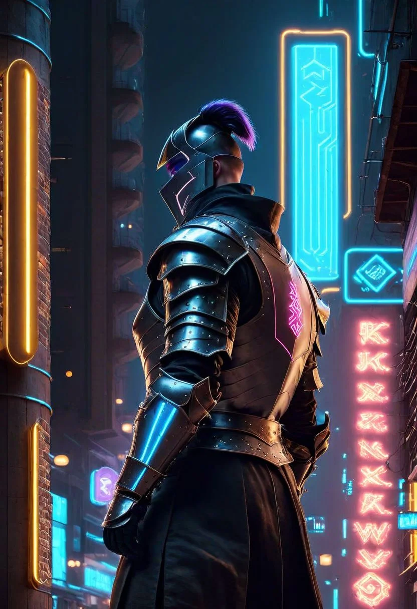 Late night in the street of a neon-lit city, a medieval knight walks through the streets of a cyberpunk city on his horse, his armour reflecting the neon light,