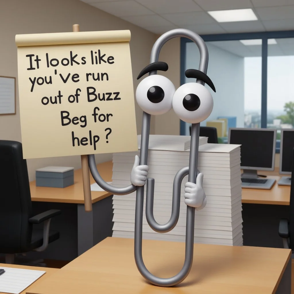 clippy, holding sign, office setting, text "It looks like you've run out of Buzz. Beg for help?"