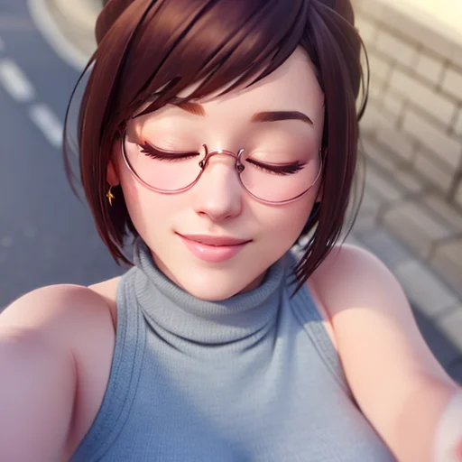 best quality, masterpiece,realistic,alonamei,curvy, round framed eyewear,solo,sleeveless turtleneck,smile,blush,(closed eyes, facing viewer, close up),city streets <lora:qqq-incoming_kiss-v1:0.9> <lora:Mei_arhoangel-10:0.6>