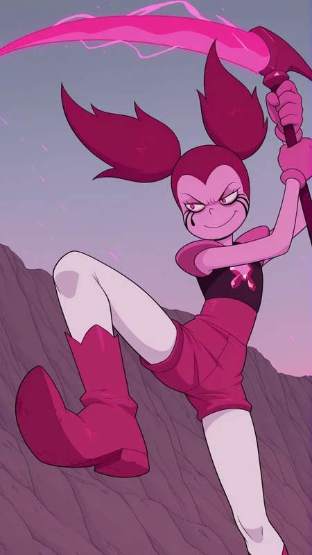 masterpiece,best quality,amazing quality, 1girl, solo, <lora:IlluSpinel:1> illuspnel1, twintails, pink eyes, pink hair, pink skin, black facial mark, shorts, white pantyhose, black top, shoulder pads, gloves, annoyed, smile, fighting stance, holding weapon, scythe, energy weapon, two-handed, outdoors, knee up,