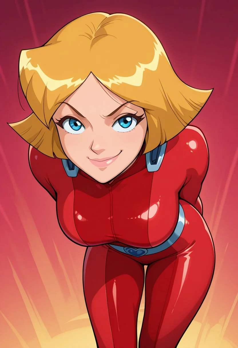 masterpiece, best quality, good quality, 1girl, solo, cartoon, parody, official style, cl0ver_totally_spies, short hair, blonde hair, blue eyes, red bodysuit, sexy, fit, medium breasts, wide hips, thick thighs, bottom heavy, beautiful, detailed, high detailed, very beautiful, detailed face, detailed eyes, detailed hand, abstract background, smile, smirk, posing, pose, hands behind back, leaning forward, looking at viewer, face focus, closeup, arched back,