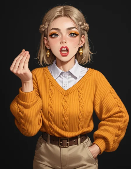 score_9, score_8_up, score_7_up, score_6_up, score_5_up, score_4_up, 1girl, makeup, lipstick, Pastel cashmere sweater, white collared shirt, beige chino pants, and brown leather ankle boots, Female Viking, Average Height, Athletic, Diamond-Shaped Face, Fair Skin, Light Brown Hair, Gray Eyes, Wide Nose, Thick Lips, Sharp Chin, Shoulder-Length Hair, Fine Hair, Lace Braid, firm breasts, Huggie earrings, orange sheer lipstick, Exclusive art gallery opening, hud_it4lian_g3sture, hand up, looking at viewer, upper body, open mouth, teeth, <lora:pinchedfingers:1>