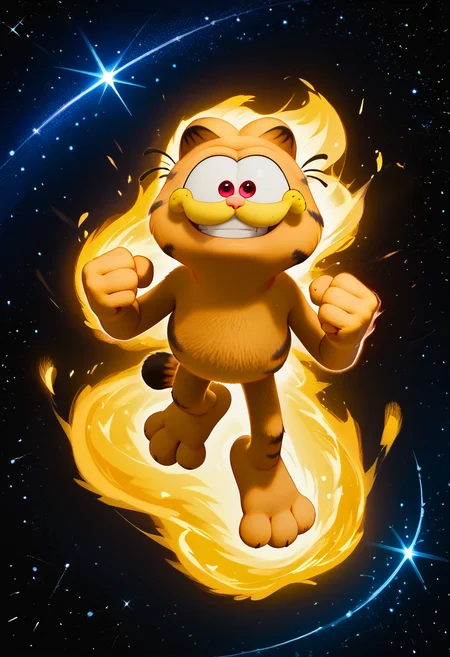 <lora:superFormAura_PDXL_Mlaofmd-09:1.0>, <lora:Garfield_XL_Leaf1v2:1.0>, score_9, score_8_up, score_7_up, 1boy, no humans, Garfield, solo, red eyes, (yellow fur:1.2), cat ears, barefoot, superaura, super form, yellow aura, aura, fight stance, clenched hands, smile, grin, galaxy, starry, galaxy background, looking at viewer, floating, full body,