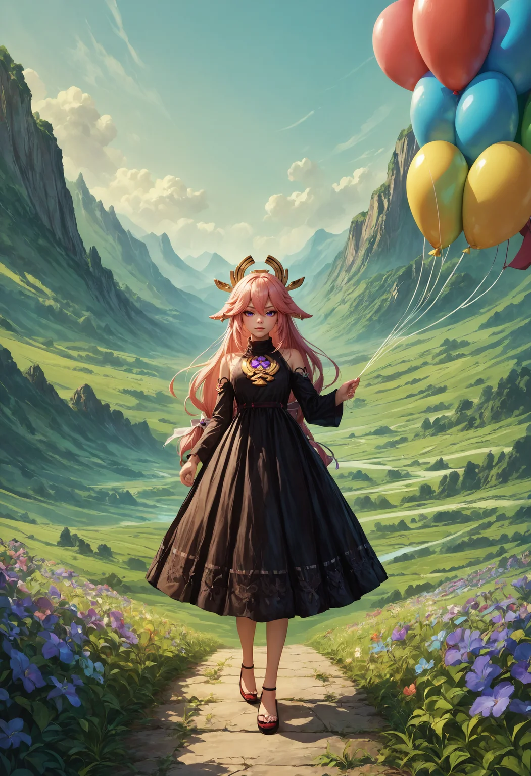 score_9, score_8_up, score_7_up, detailed, balloon shaped, a landscape, a wide view, yae miko, black dress, wide shot, holding balloons