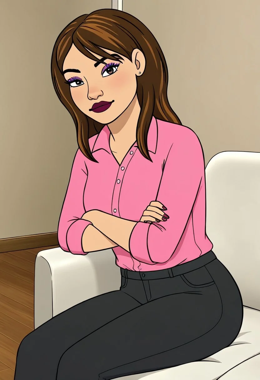 1girl, gina_cazador, solo, brown hair, makeup, pink button-up shirt, black pants, arms crossed, sitting, looking at viewer, indoors, living room