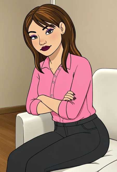 1girl, gina_cazador, solo, brown hair, makeup, pink button-up shirt, black pants, arms crossed, sitting, looking at viewer, indoors, living room