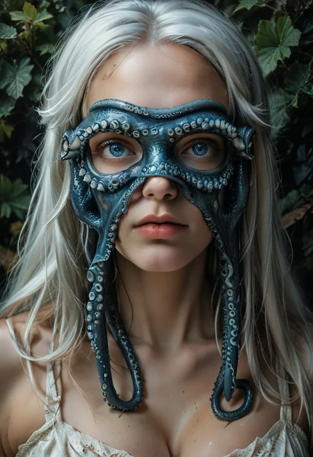 score_9, score_8_up, score_7_up, rating_safe, concept art, semi-realistic, 1girl, solo.
Young beautiful face, fit body,
Long white hair, Blue eyes.
(Big breast:1.5), (Round breast:1.5).
OctopusMask, Tentacle eye mask.
(Long tentacle:1.2)