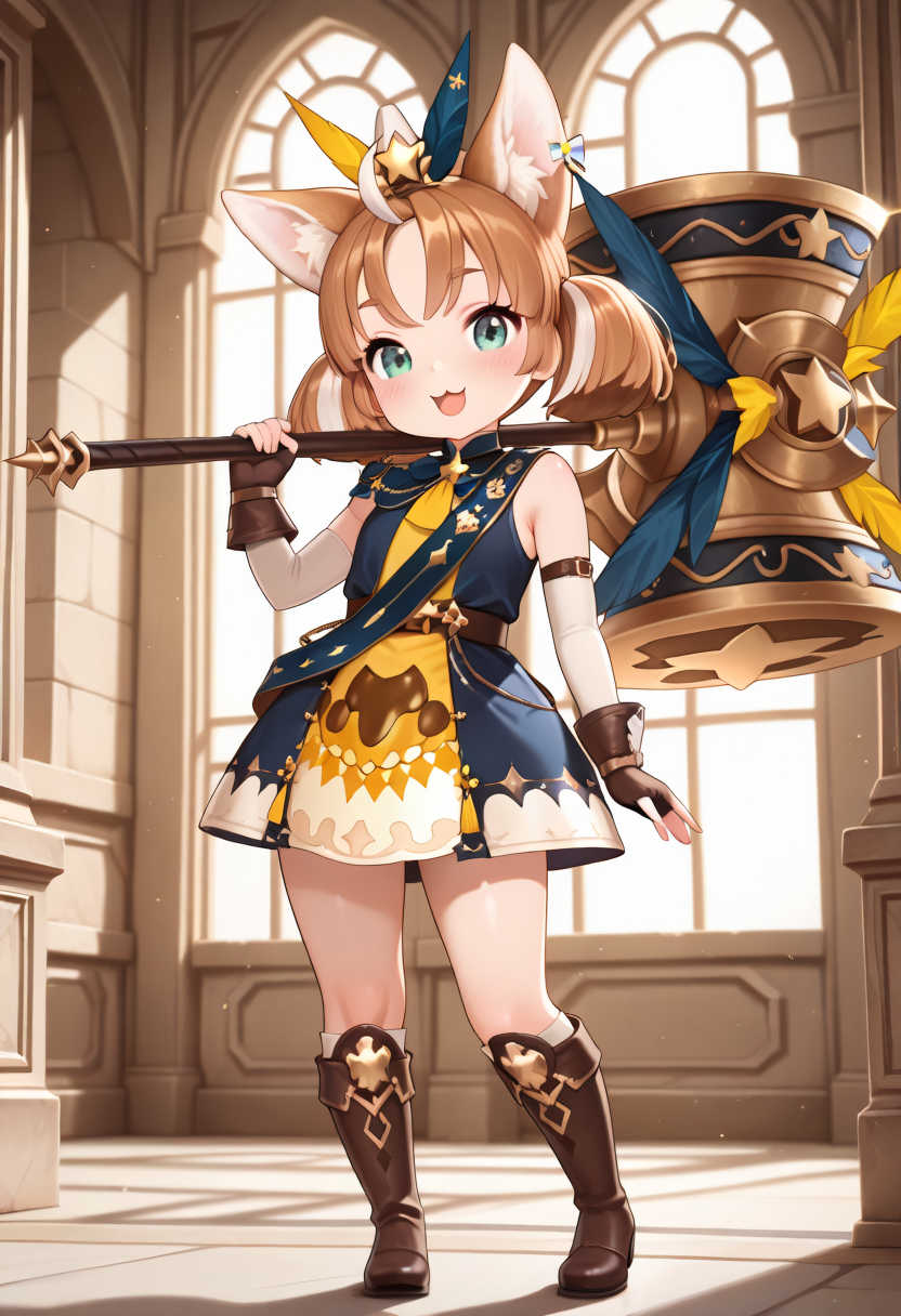 masterpiece, best quality, KRTaily, 1girl, solo, animal ears, brown hair, gloves, over shoulder, short hair, weapon over shoulder
, huge hammer, :3, boots, feathers, holding weapon, short dress, multicolored hair, jewelry, earrings, knee boots, elbow gloves, war hammer, animal ear fluff, sleeveless, blush, sash, holding hammer, fingerless gloves, white hair, star (symbol), belt, full body,standing,looking at viewer,smile,open mouth