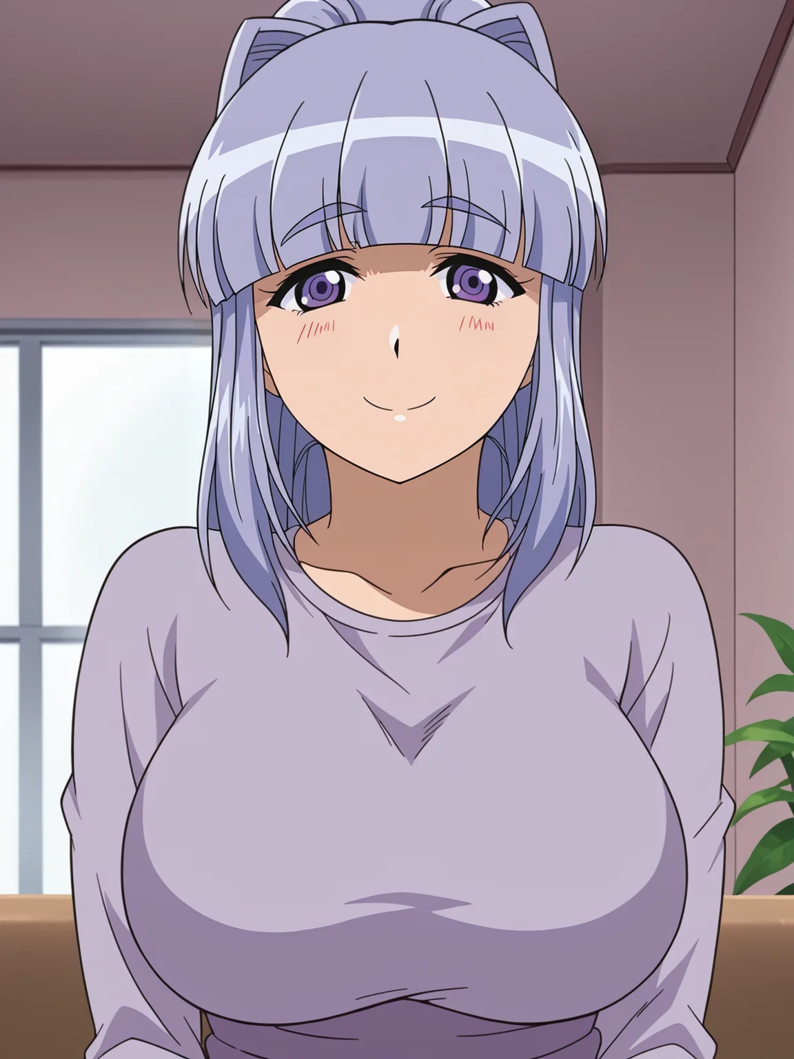 <lora:Yayoi_Mizuno-Gogo_no_Kouchou_Junai_Mellow_yori:0.9>,Yayoi,mature female,1girl,solo,long hair,purple eyes,ponytail,bangs,breasts,shirt,upper body,indoors,smile