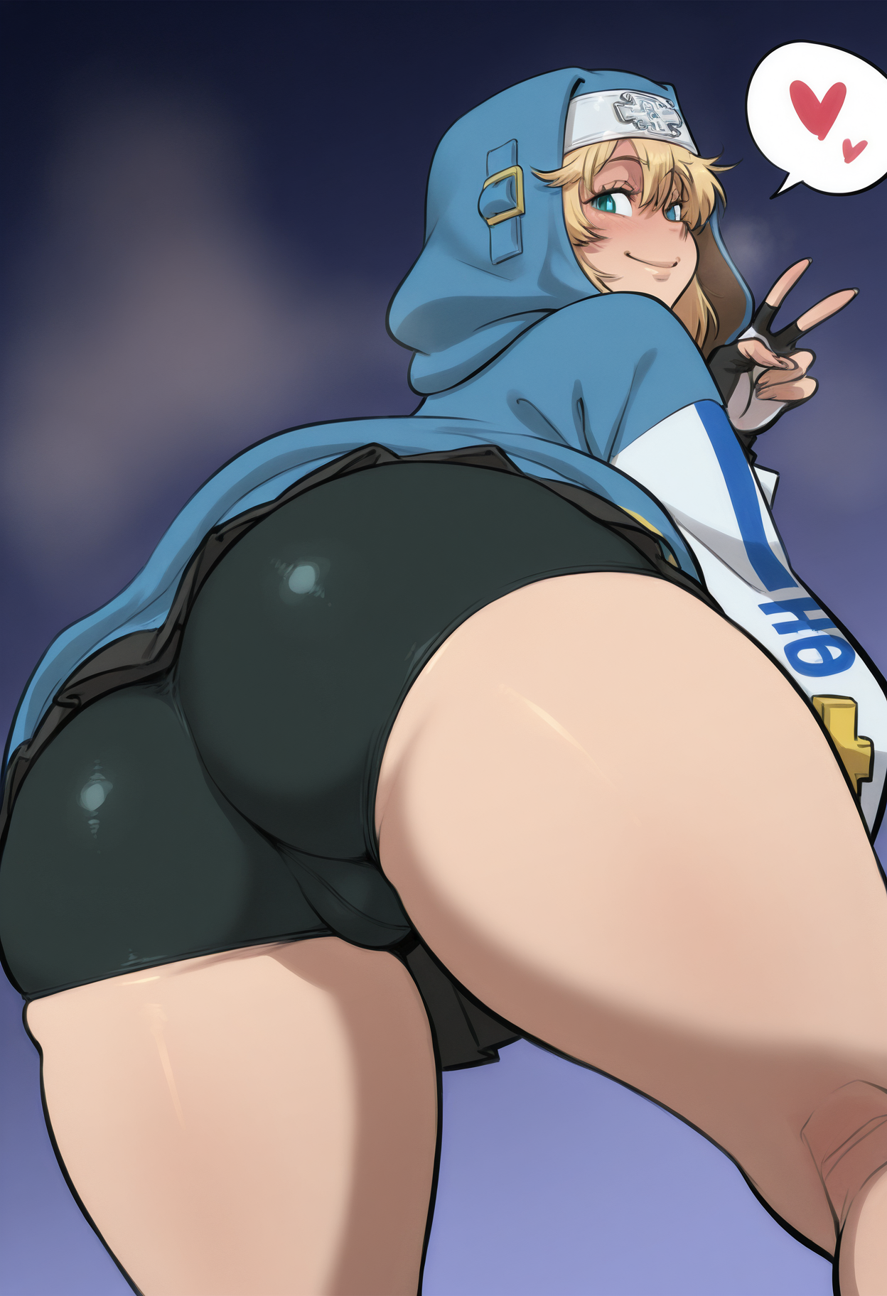 <lora:DittoIllustriousV3:1> M1C3S3D7C1H4B8L8R,
dutch_angle, night, (bulge:0.6),foreshortening, 
1boy, bridget (guilty gear), ass, male focus, otoko no ko, blonde hair, gloves, heart, fingerless gloves, spoken heart, solo, huge ass, hood, jacket, bike shorts, shorts, looking back, looking at viewer, black gloves, long sleeves, habit, hooded jacket, ass focus, smile, thick thighs, hoodie, thighs, black shorts, from behind, medium hair, bent over, skirt, hood up, blush, mars symbol, standing,
masterpiece, best_quality, very_awa, absurdres, very_as2, hdr, High_dynamic_range, rich_details, clear_shadows_and_highlights, intense, enhanced_contrast, highly_detailed, amazing_quality, very_aesthetic