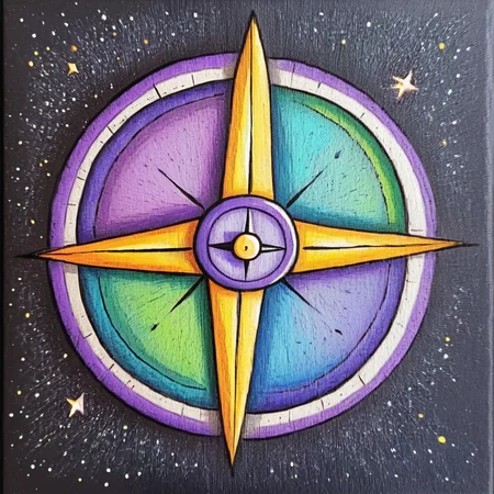 <lora:Naive_Storybook_NouveauSDXL:1> ArsMJStyle, Naive Storybook Nouveau, The image shows a painting of a compass on a black background with a vibrant array of colors including purple green yellow and blue. The compass is the focal point of the painting with its four points pointing in a circular pattern., no humans, traditional media, solo, pokemon (creature), star (sky), space