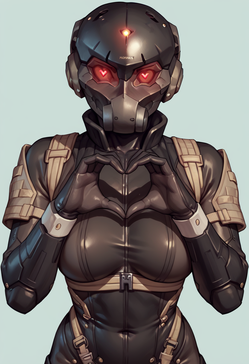 score_9, score_8_up, score_7_up, score_6_up, score_5_up, score_4_up, 1girl, <lora:HavenTrooper:0.9> large breasts, bodysuit, helmet, red eyes, glowing, faceless, standing, view from front, looking at viewer, upper body shot, heart hands, heart eyes,
light blue background, simple background,