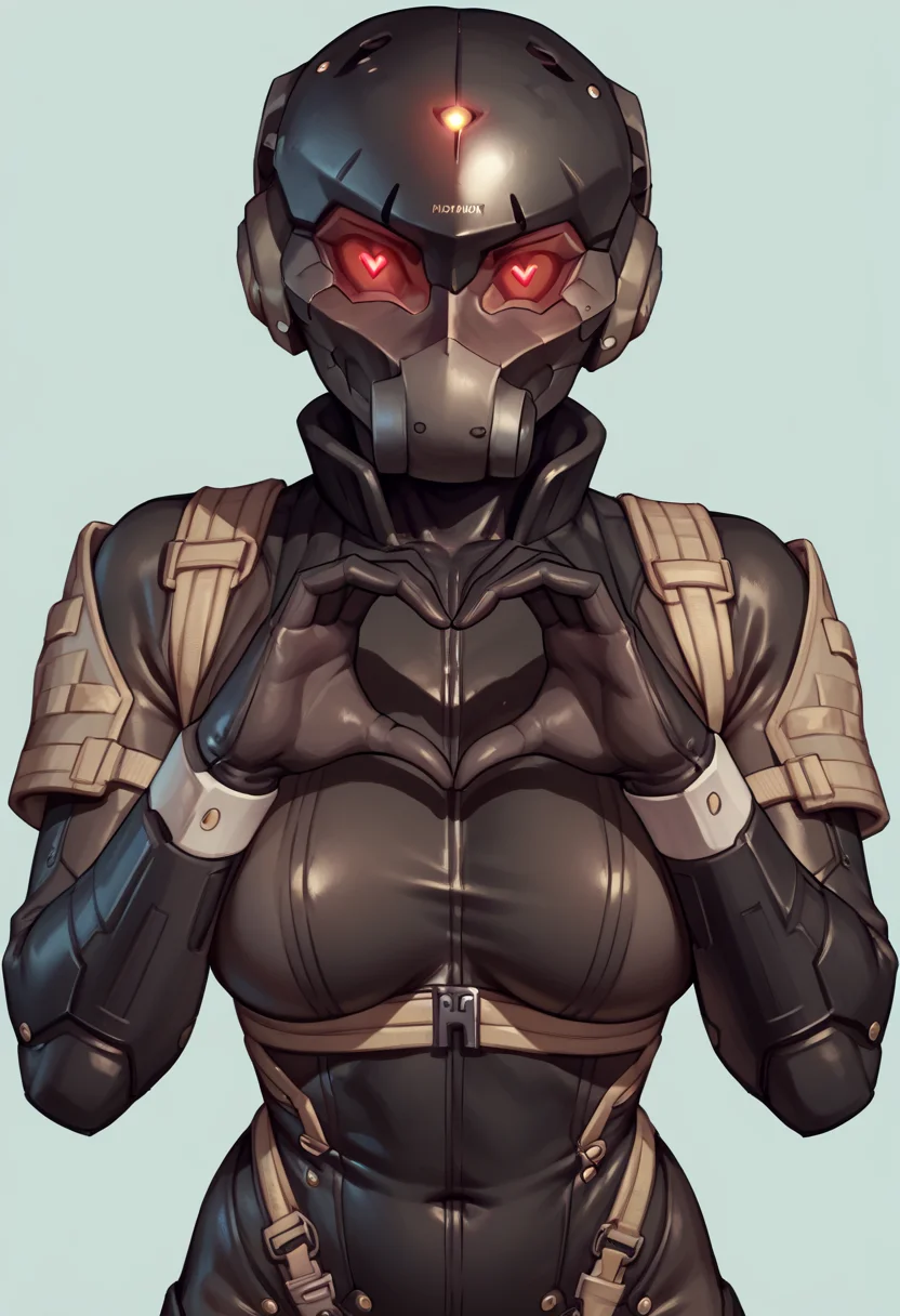 score_9, score_8_up, score_7_up, score_6_up, score_5_up, score_4_up, 1girl, <lora:HavenTrooper:0.9> large breasts, bodysuit, helmet, red eyes, glowing, faceless, standing, view from front, looking at viewer, upper body shot, heart hands, heart eyes,
light blue background, simple background,