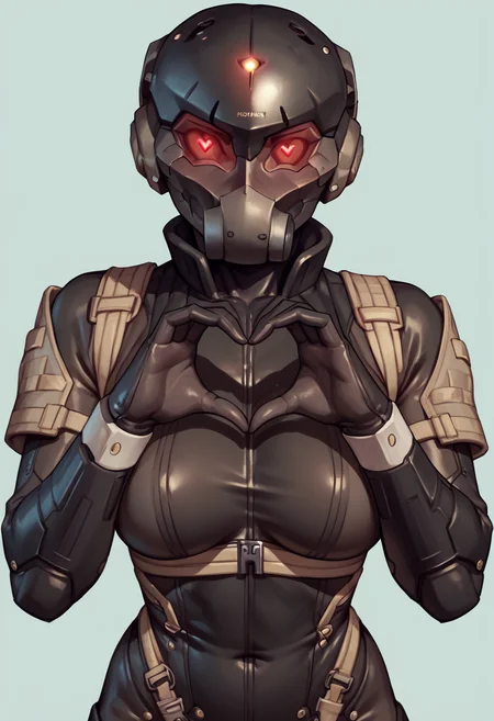 score_9, score_8_up, score_7_up, score_6_up, score_5_up, score_4_up, 1girl, <lora:HavenTrooper:0.9> large breasts, bodysuit, helmet, red eyes, glowing, faceless, standing, view from front, looking at viewer, upper body shot, heart hands, heart eyes,
light blue background, simple background,