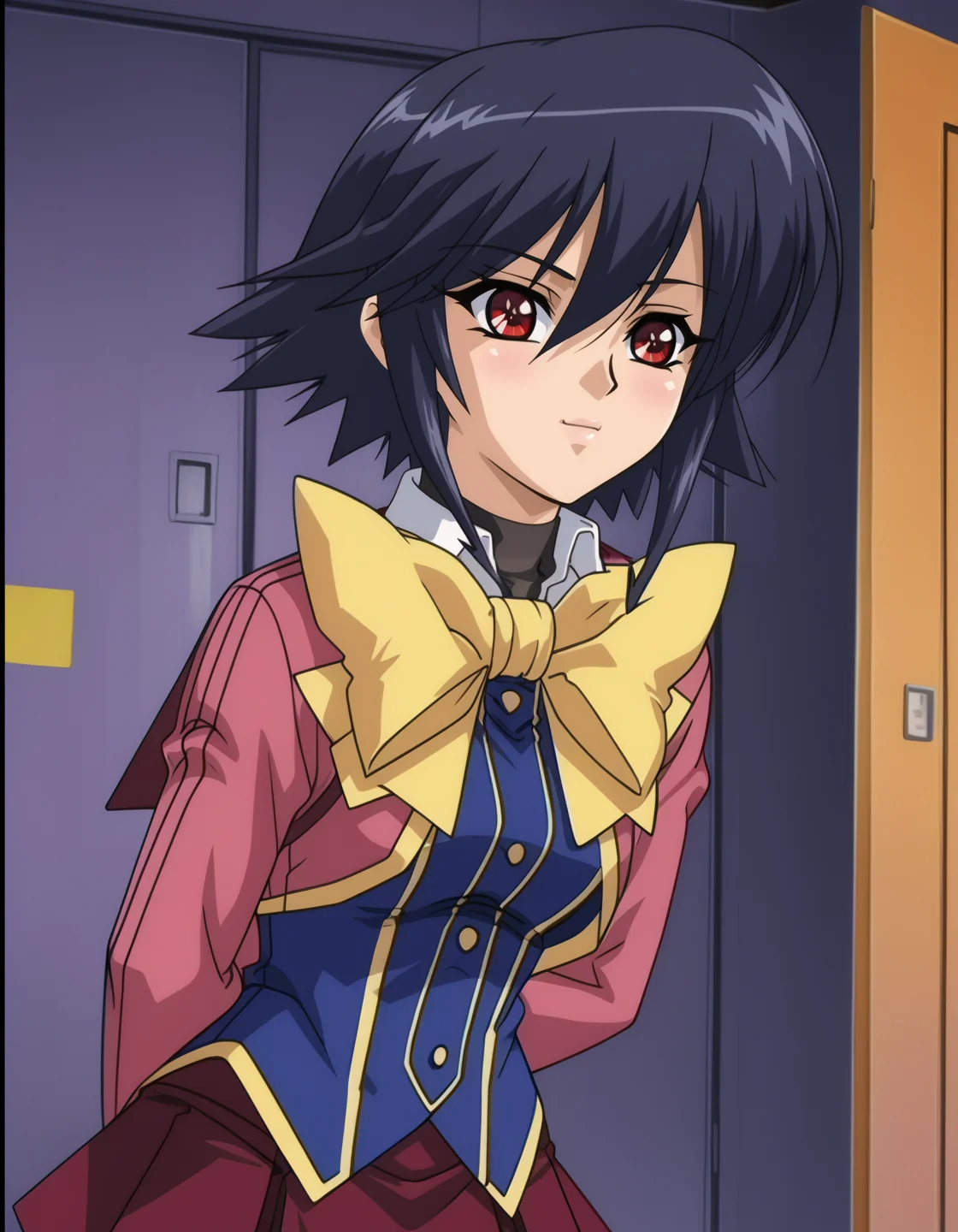 KaganoAi, 1girl, short hair, sidelocks, red eyes, black hair, school uniform, long sleeves, black thighhighs, red skirt, (cowboy shot), upper body, <lora:KaganoAi-prodigy-4-4-3:1>, solo, bent over, arms behind back