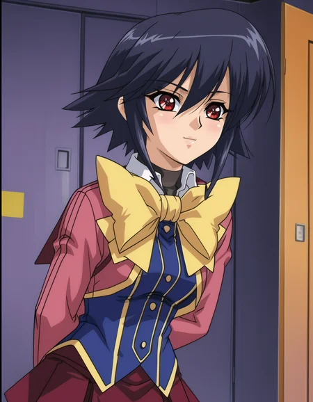 KaganoAi, 1girl, short hair, sidelocks, red eyes, black hair, school uniform, long sleeves, black thighhighs, red skirt, (cowboy shot), upper body, <lora:KaganoAi-prodigy-4-4-3:1>, solo, bent over, arms behind back