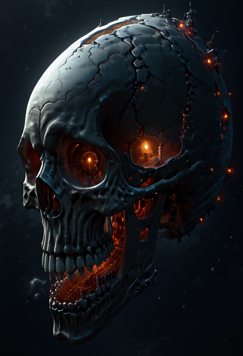 masterpiece, best quality, no humans,   ,<lora:SkullWorld_IXL:1.0>,  zzSkullWorld, a towering, eerie space station shaped like a gigantic skull, floating in the vastness of space. Its hollow eye sockets glow with an unsettling red hue, casting long shadows on the surface of the nearby colony planet. Massive ships dock within its massive jaw, while smaller crafts zip around the skull's menacing exterior. The planet below is partially visible, with sprawling cities and glowing lights, but itâs the skull that dominates the scene. Star clusters twinkle in the background, casting a cold, cosmic light over the entire spectacle.
